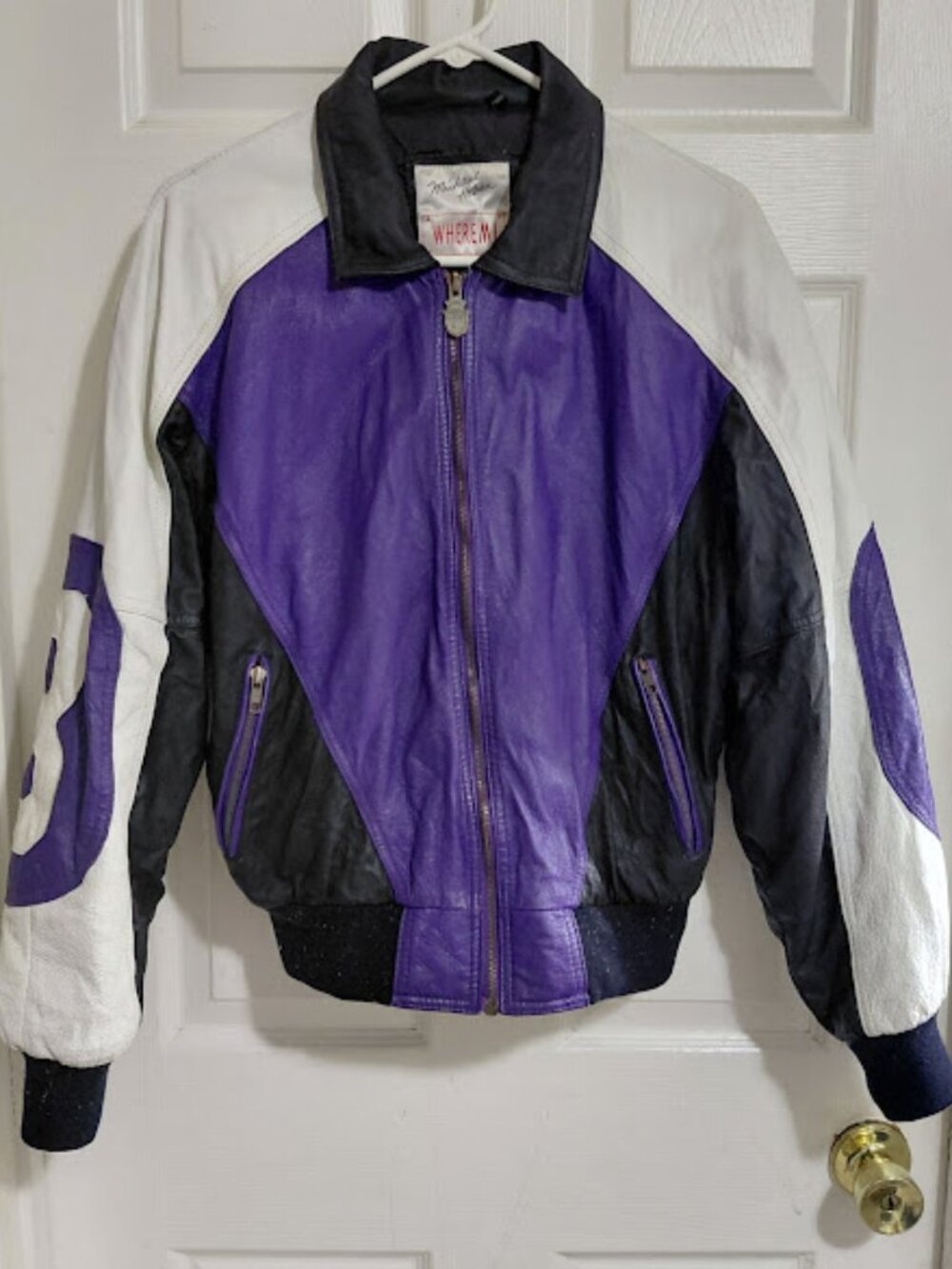 Vintage 90s Michael Hoban WhereMI 8 Ball Purple Genuine Leather Jacket Size S